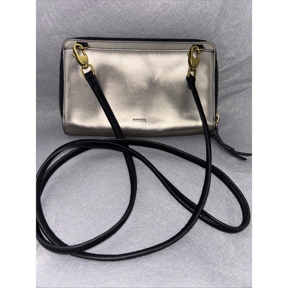 Fossil Handbags - Fossil Metallic Leather Double Zip Around Wristlet Wallet Clutch Crossbody